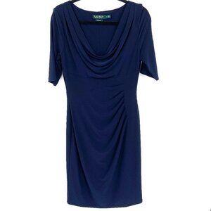 RALPH LAUREN Lauren Navy Blue Ruched Side Cowl Neck Half Sleeve Midi Dress 8